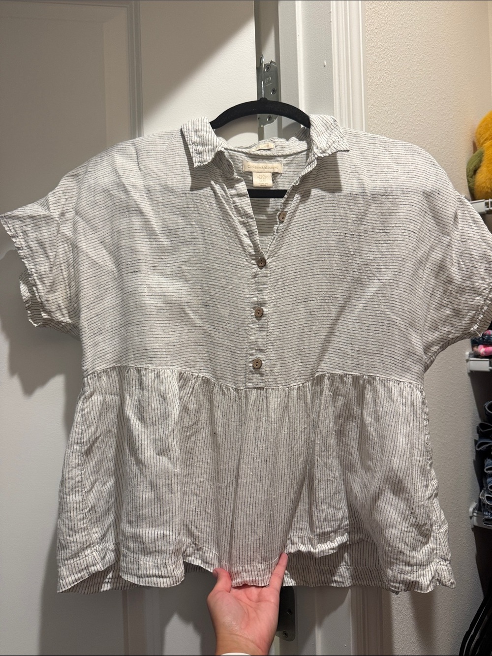 Catherine Malandrino Cream and Light Gray Striped Peplum Button Linen Blouse